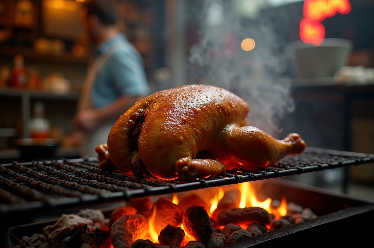 whole chicken resting on a wire rack over glowing charcoal, smoke rising, tongs beside it