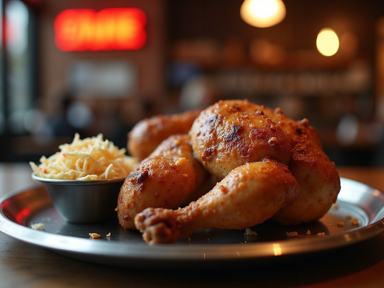 half roasted chicken on a metal plate next to a small bowl of shredded slaw
