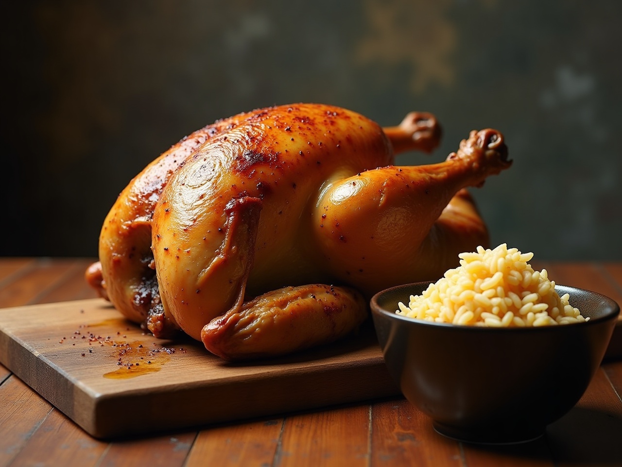 whole roasted chicken on a wooden board with a bowl of rice glistening with pan juices