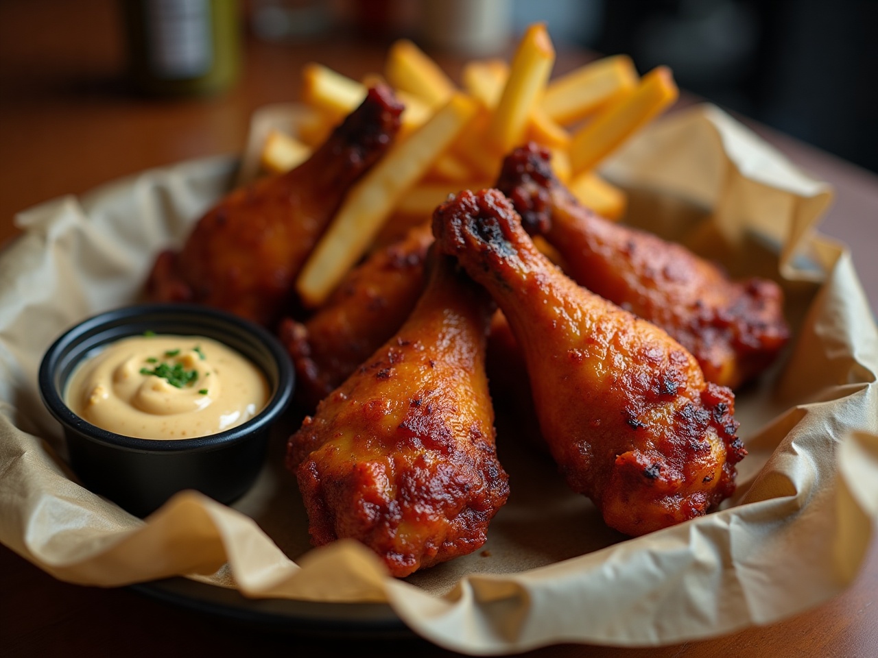 six charred chicken wings piled on butcher paper with a small dip