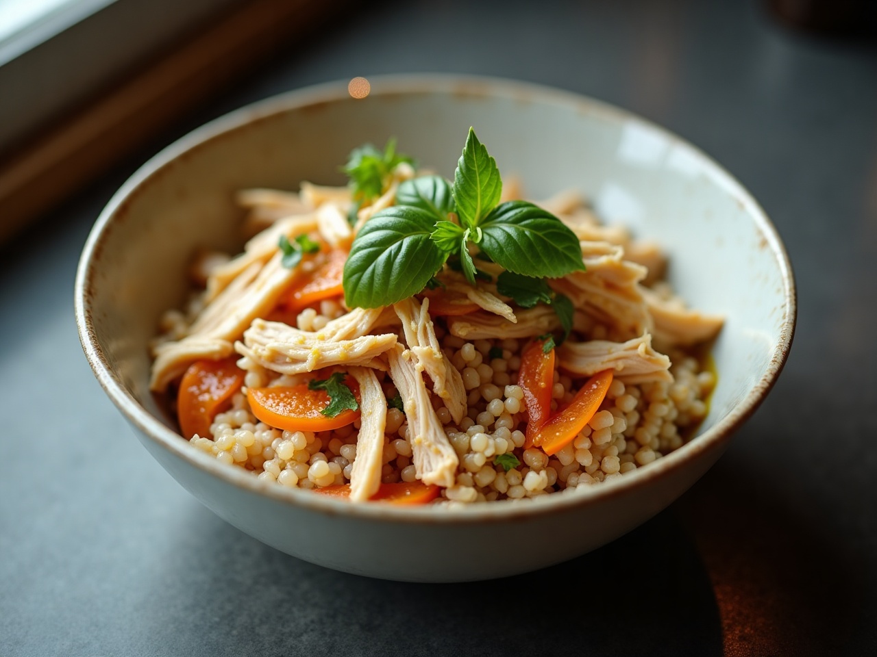 grain bowl with shredded chicken pieces, fresh herbs, and a citrus dressing pooled at the edge