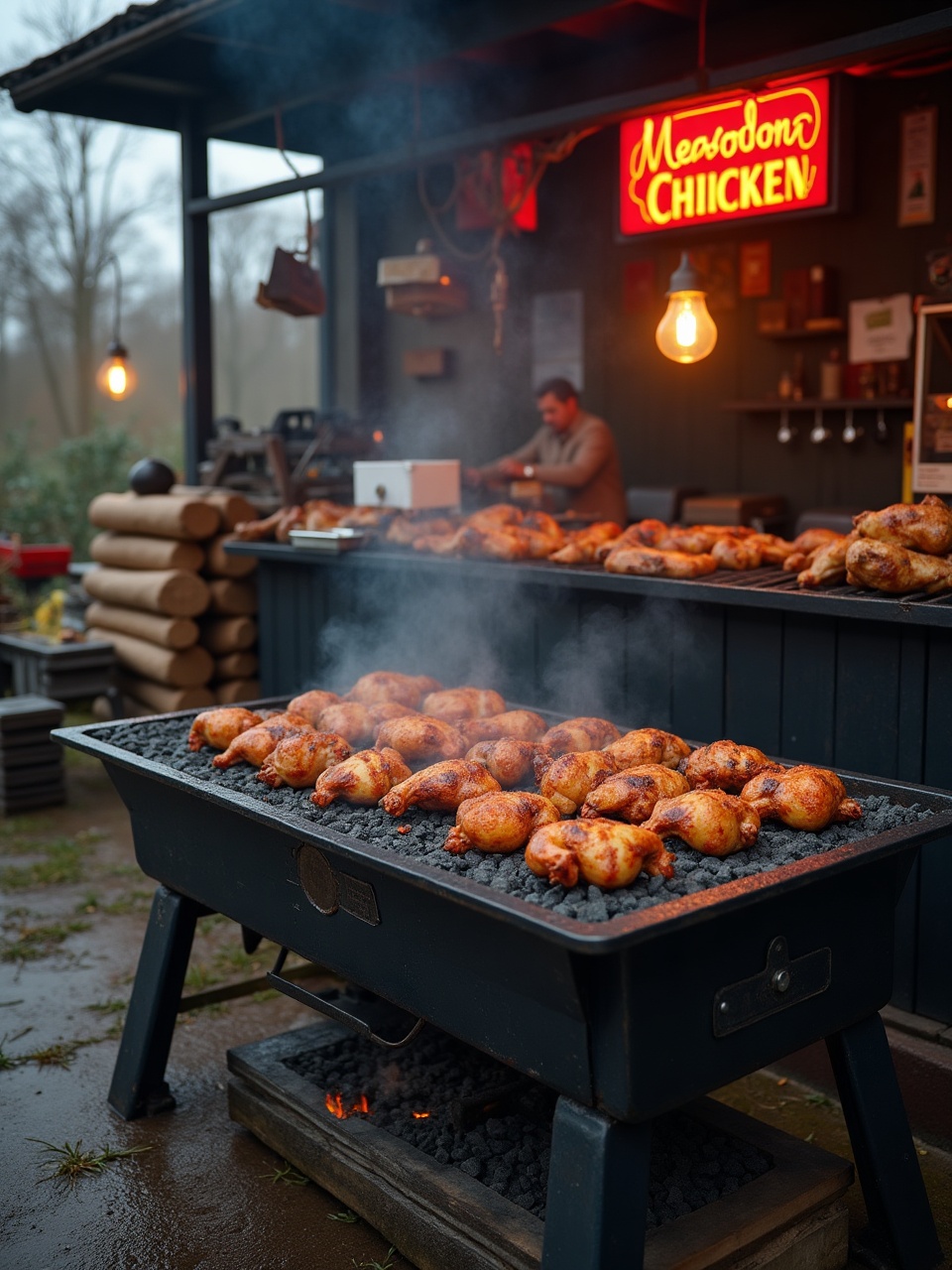steel charcoal pit in an outdoor yard, chicken racks stacked beside it, morning light