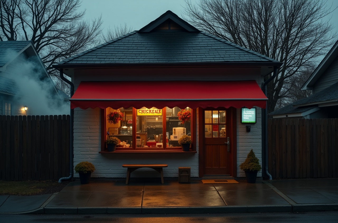 storefront with timber fence and yard seating visible, smoke drifting from behind the building